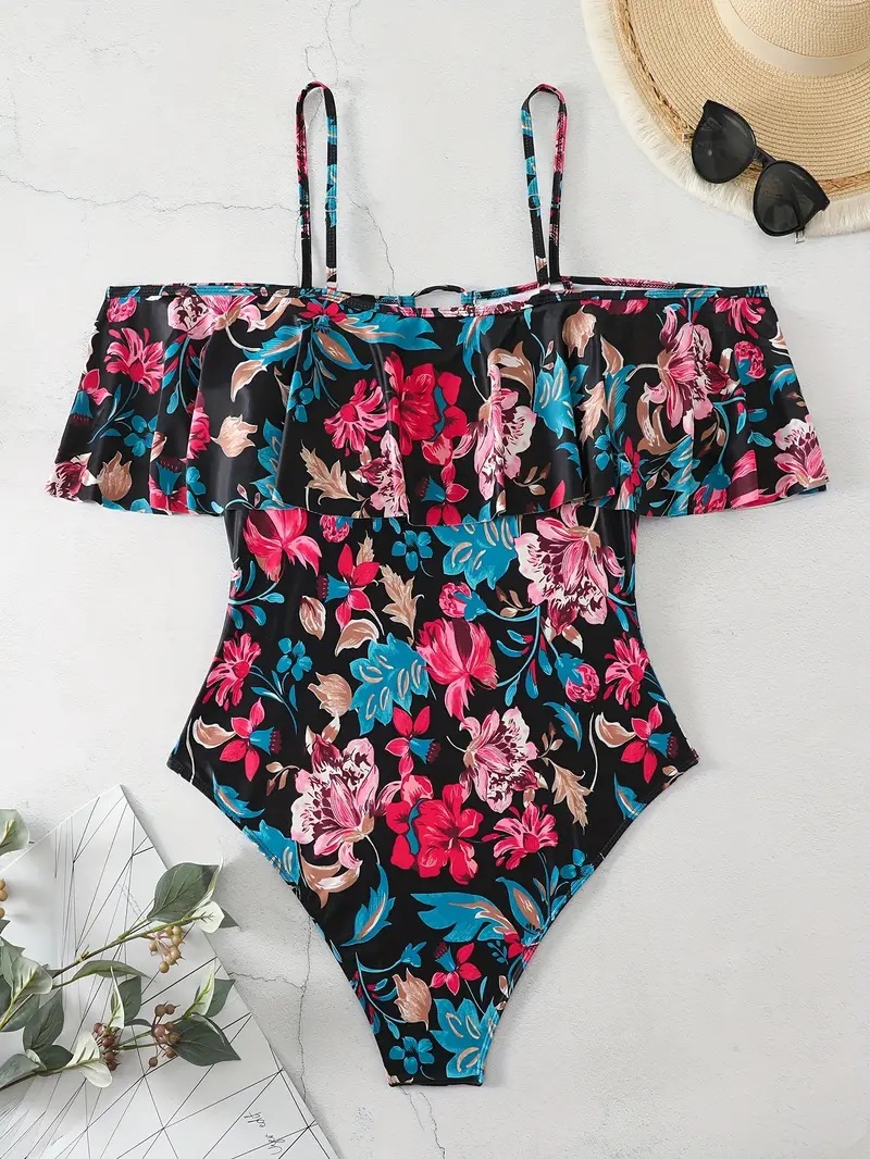 Women Plus Size Floral One Piece Printed Swimsuit With Cold Shoulder Ruffle